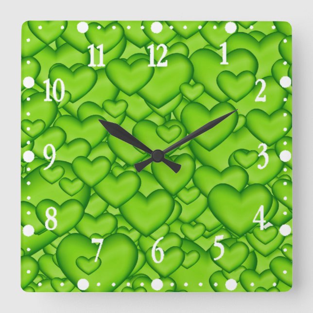 Hearts 3D Texture Green Pattern-68689 Square Wall Clock (Front)