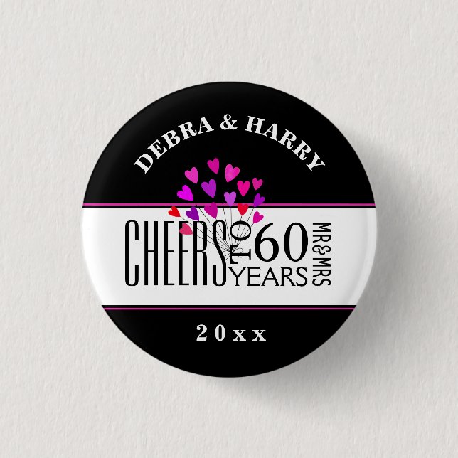 Hearts 60th Modern Wedding Anniversary Dated Gift Button (Front)
