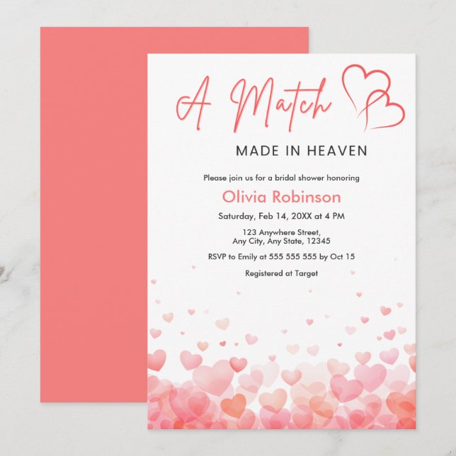 Hearts A Match Made in Heaven Bridal Shower  Invitation (Front/Back)