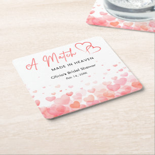 Hearts A Match Made in Heaven Bridal Shower Square Paper Coaster