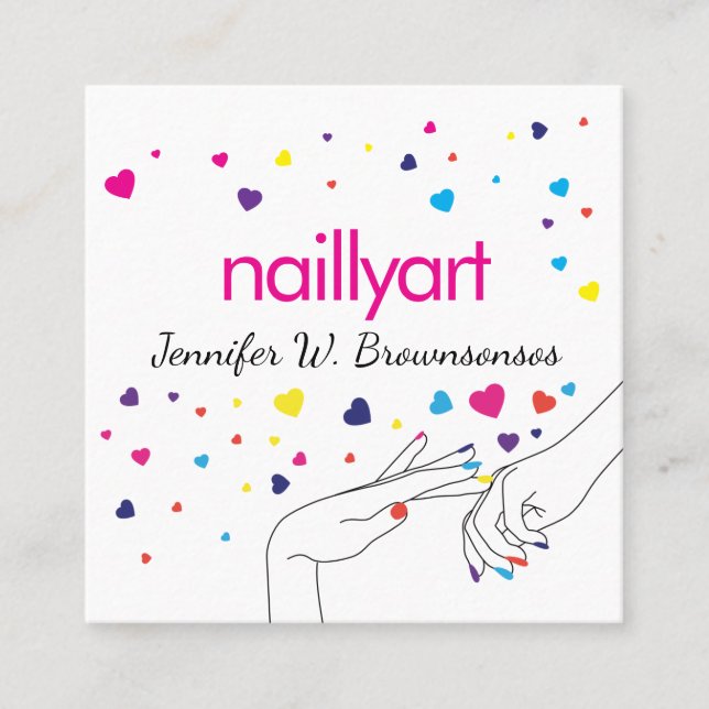 hearts Acrylic Nail Spa Stylist Pink Blue Yellow  Square Business Card (Front)