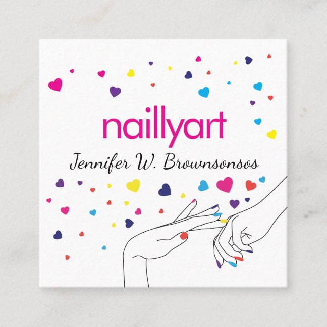 hearts Acrylic Nail Spa Stylist Pink Blue Yellow Square Business Card