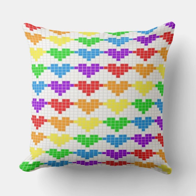  Hearts Aflutter: Rainbow C2C Crochet Heart Throw  Pillow (Front)