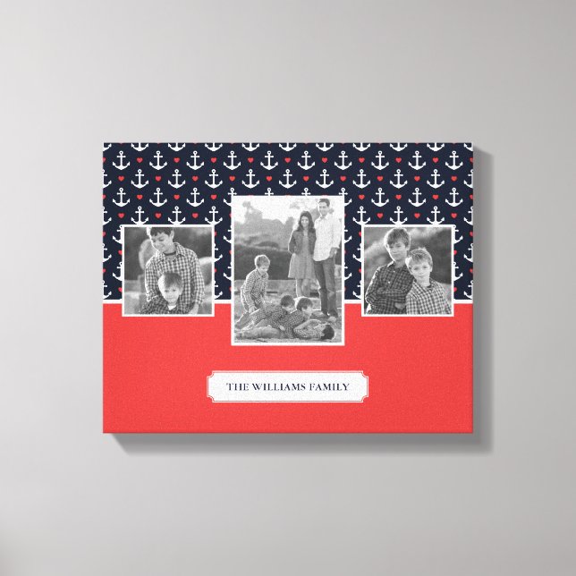 Hearts & Anchors Pattern | Family Photo | Monogram Canvas Print (Front)
