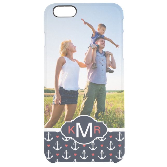 Hearts & Anchors Pattern| Your Photo & Monogram Uncommon iPhone Case (Back)