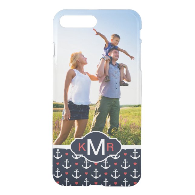 Hearts & Anchors Pattern| Your Photo & Monogram Uncommon iPhone Case (Back)