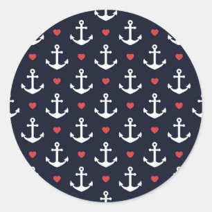 Hearts And Anchors Pattern Classic Round Sticker