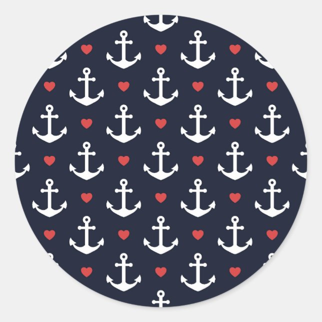 Hearts And Anchors Pattern Classic Round Sticker (Front)