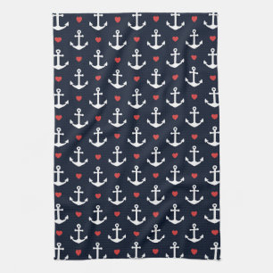 Hearts And Anchors Pattern Kitchen Towel