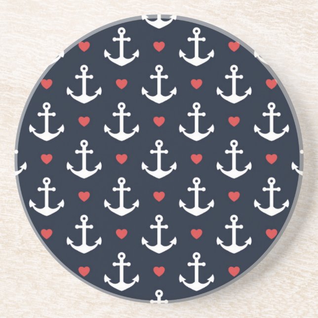 Hearts And Anchors Pattern Sandstone Coaster (Front)