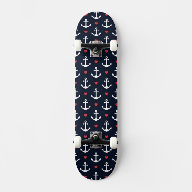 Hearts And Anchors Pattern Skateboard Deck (Front)