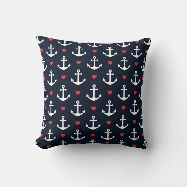 Hearts And Anchors Pattern Throw Pillow (Front)