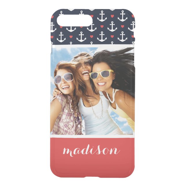 Hearts And Anchors Pattern | Your Photo & Name Uncommon iPhone Case (Back)