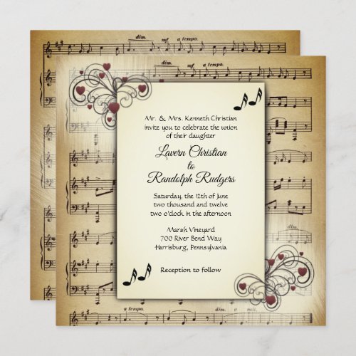 Hearts and Antique Music Theme Wedding Invitation