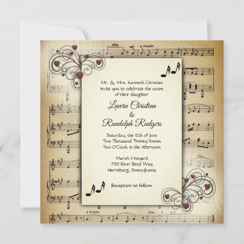 Hearts and Antique Sheet Music Wedding Theme Invitation