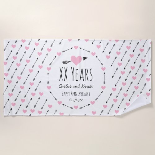 Hearts and Arrows Personalized Wedding Anniversary Beach Towel