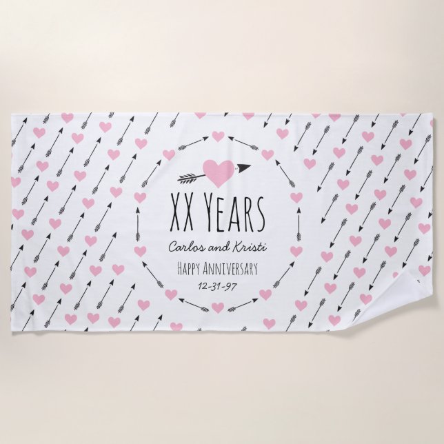 Hearts and Arrows Personalized Wedding Anniversary Beach Towel (Front)