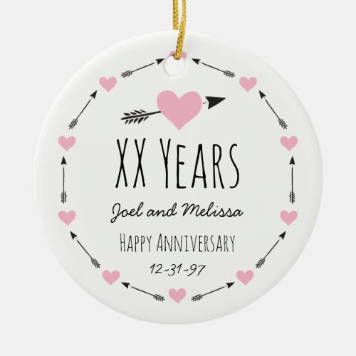 Hearts and Arrows Personalized Wedding Anniversary Ceramic Ornament