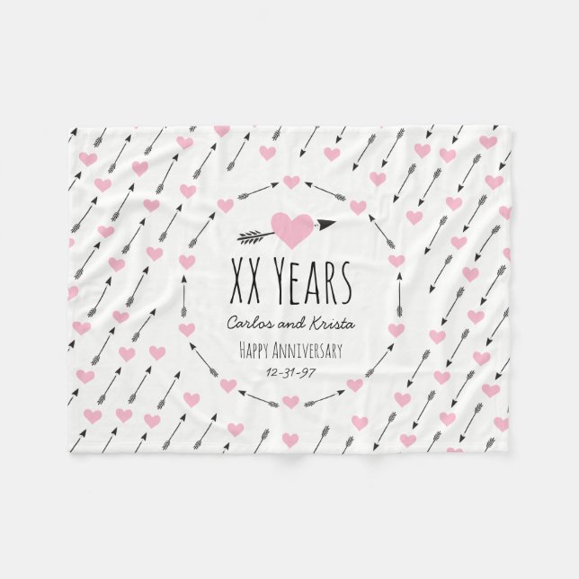 Hearts and Arrows Personalized Wedding Anniversary Fleece Blanket (Front (Horizontal))