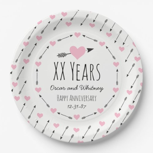 Hearts and Arrows Personalized Wedding Anniversary Paper Plates