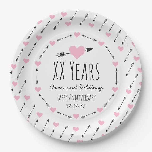 Hearts and Arrows Personalized Wedding Anniversary Paper Plates (Front)