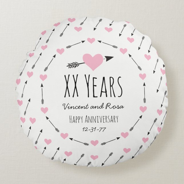 Hearts and Arrows Personalized Wedding Anniversary Round Pillow (Front)