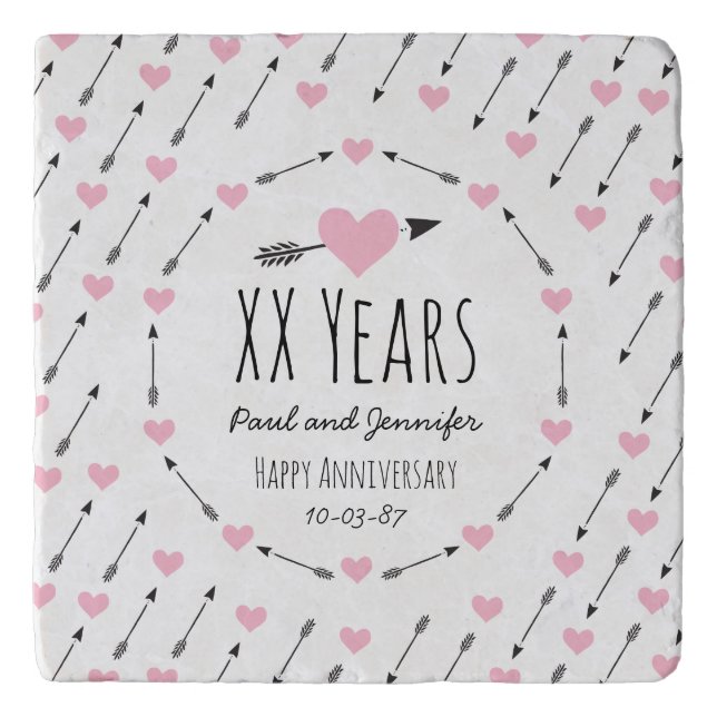 Hearts and Arrows Personalized Wedding Anniversary Trivet (Front)