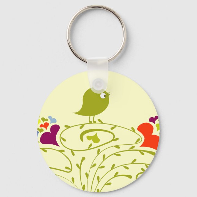 Hearts And Birdie On A Cute Tree Keychain (Front)