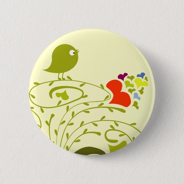 Hearts And Birdie On A Cute Tree Pinback Button (Front)