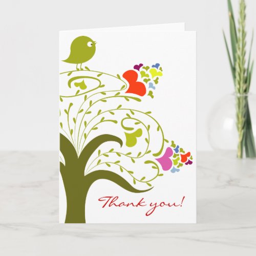 Hearts And Birdie On A Cute Tree Thank You Card