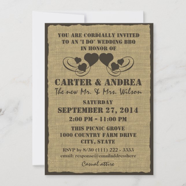 Hearts and Burlap BBQ Wedding Reception Invitation (Front)