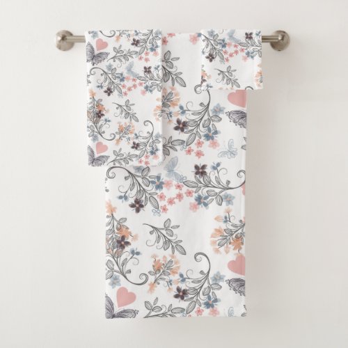 Hearts And Butterflies Floral  Bath Towel Set