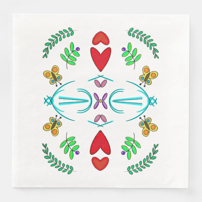 Hearts and Butterflies Folk Art Paper Dinner Napkins (Front)