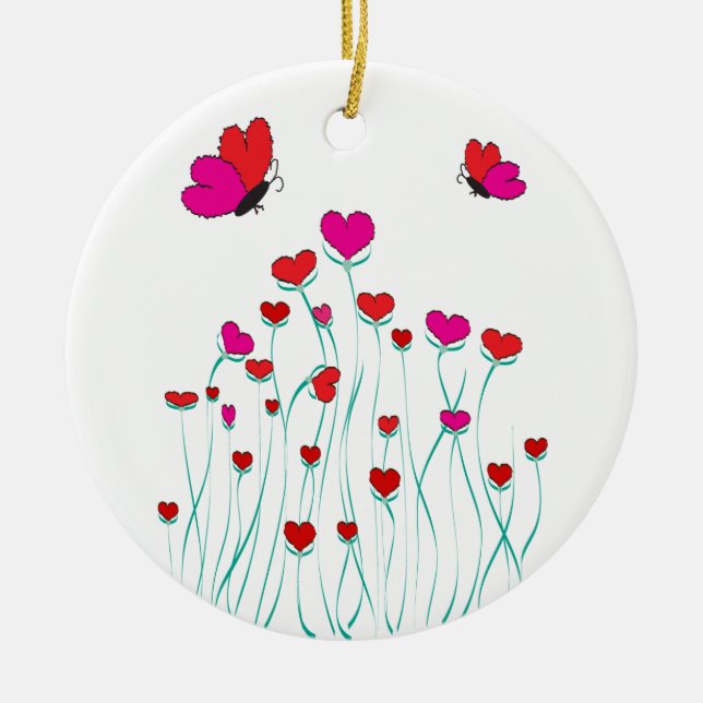 Hearts and Butterflies Valentine Love Ceramic Ornament (Front)