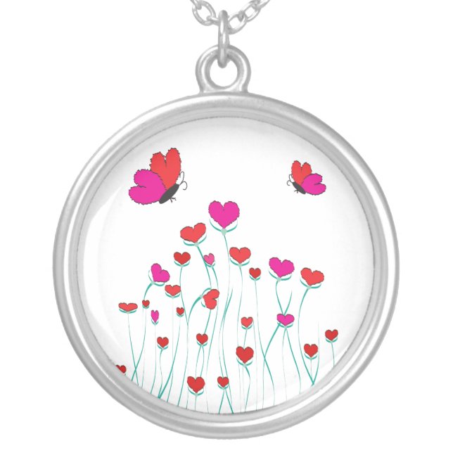 Hearts and Butterflies Valentine Love Silver Plated Necklace (Front)