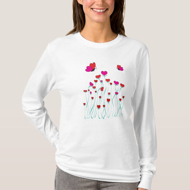 Hearts and Butterflies Valentine Love T-Shirt (Front)