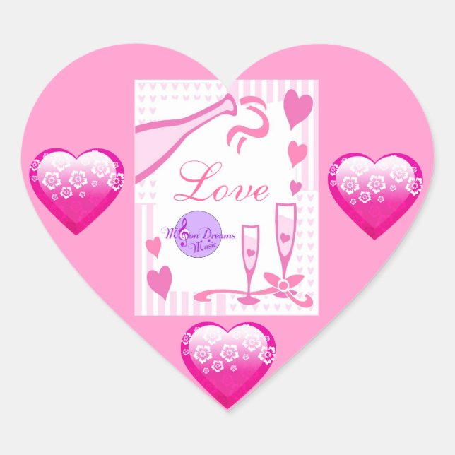 Hearts and Champagne Heart Shaped Stickers (Front)