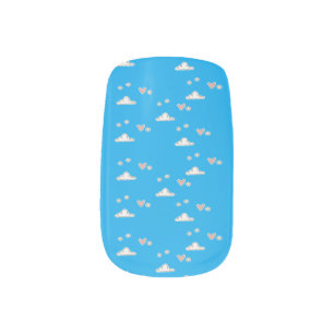 Hearts and clouds on blue minx nail art
