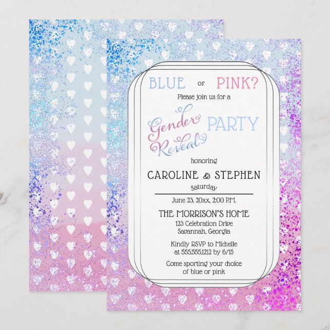 Hearts and Confetti Pink Blue Gender Reveal Party Invitation (Front/Back)