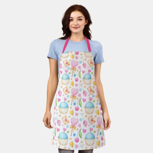 Hearts and Cupcakes Delightful Watercolor Pattern Apron