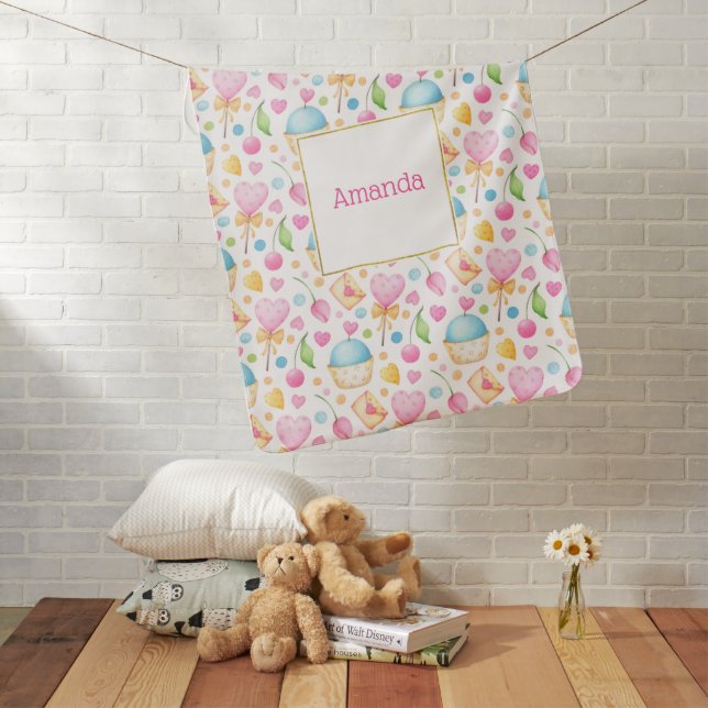 Hearts and Cupcakes Delightful Watercolor Pattern Baby Blanket (In Situ)