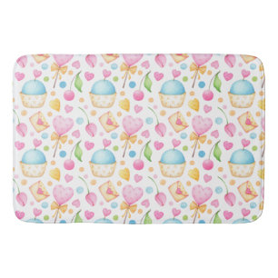 Hearts and Cupcakes Delightful Watercolor Pattern Bath Mat