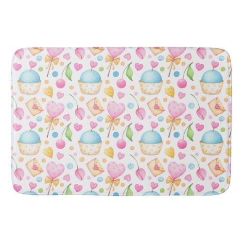 Hearts and Cupcakes Delightful Watercolor Pattern Bath Mat