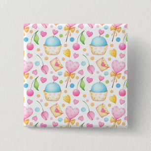 Hearts and Cupcakes Delightful Watercolor Pattern Button