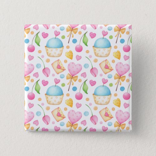 Hearts and Cupcakes Delightful Watercolor Pattern Button