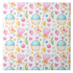 Hearts and Cupcakes Delightful Watercolor Pattern Ceramic Tile