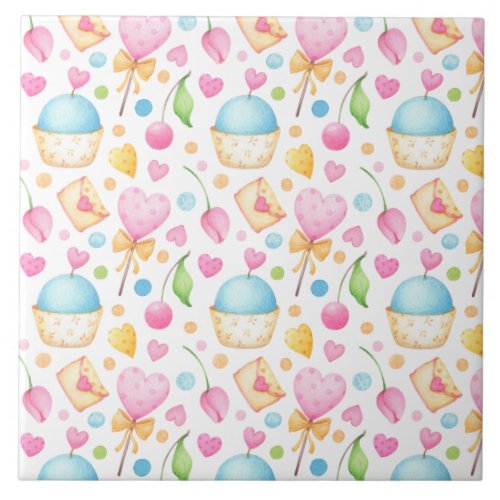 Hearts and Cupcakes Delightful Watercolor Pattern Ceramic Tile