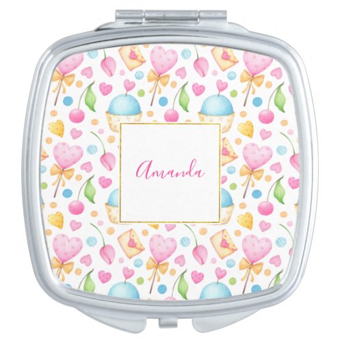 Hearts and Cupcakes Delightful Watercolor Pattern Compact Mirror