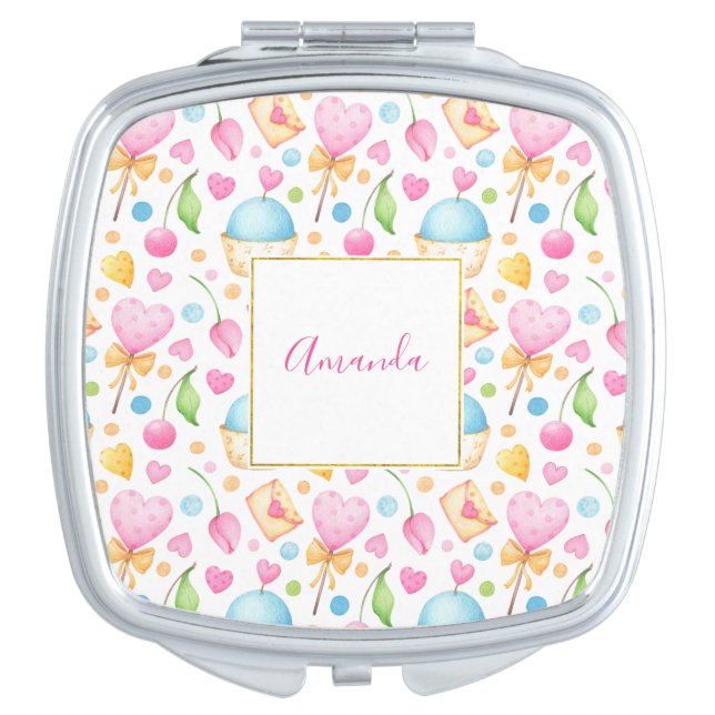 Hearts and Cupcakes Delightful Watercolor Pattern Compact Mirror (Front)
