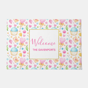 Hearts and Cupcakes Delightful Watercolor Pattern Doormat